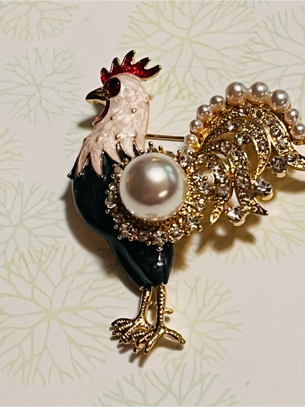 Gold-Tone Rooster Brooch with Faux Pearl and Enamel - Black, White, Red